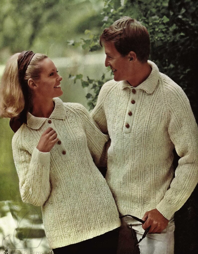 Vintage Knitting Pattern C140 Ladies and Mens Easy Knit Aran Shirt Neck Sweater with Raglan Sleeves PDF Digital Download