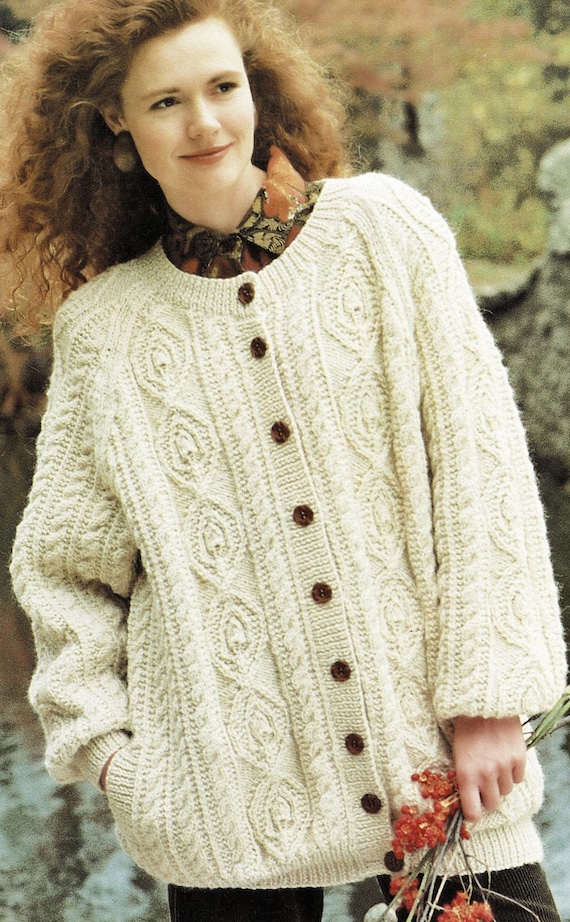 Ladies Gorgeous Hip Length Aran Cabled Cardigan With Raglan