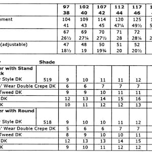 May include: A chart showing yarn requirements for knitting sweaters in different sizes. The chart lists yarn quality, shade number, and the number of balls of yarn needed for each size. The yarn qualities listed include Country Style DK, Wash 'n' Wear Double Crepe DK, Denim Tweed DK, Legend DK, and Salsa DK.
