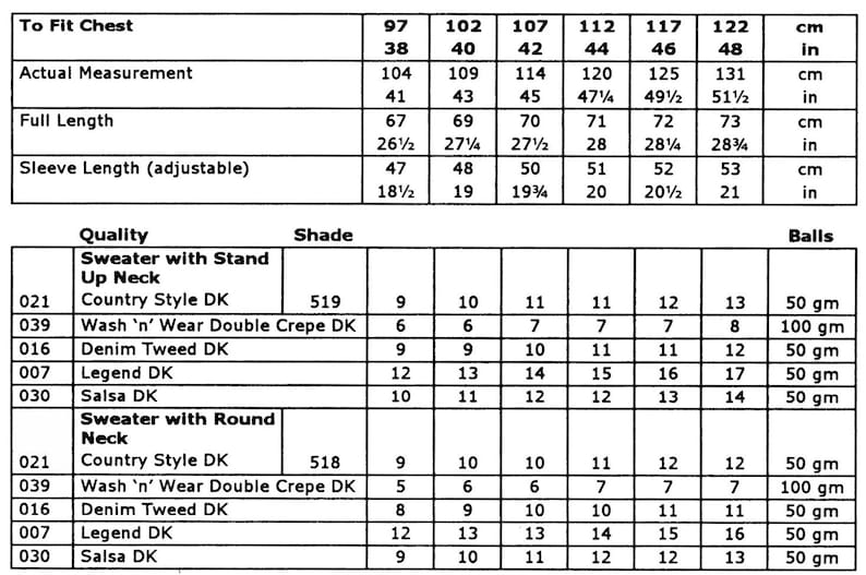 May include: A chart showing yarn requirements for knitting sweaters in different sizes. The chart lists yarn quality, shade number, and the number of balls of yarn needed for each size. The yarn qualities listed include Country Style DK, Wash 'n' Wear Double Crepe DK, Denim Tweed DK, Legend DK, and Salsa DK.