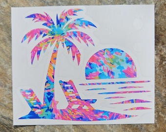 Palm Tree Beach Scene Vinyl Decal: Car Window, Laptop Sticker