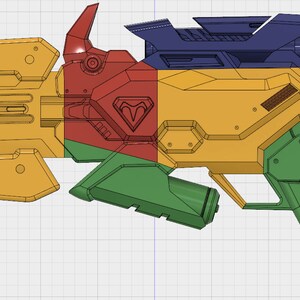 Puede incluir: Diseño de arma futurista multicolor. La pistola presenta una combinación de paneles azules, amarillos, rojos y verdes. El diseño incluye una mira, un mango y varias formas geométricas, lo que sugiere un tema de alta tecnología o ciencia ficción.
