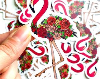 Graceful Floral Flamingo Die-Cut Sticker - Original Hand-Drawn Waterproof Decal