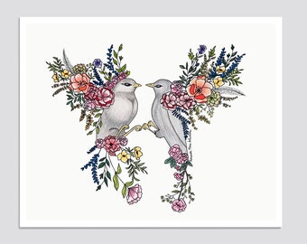 Floral Flying Birds Art Print, Original Drawing, Giclée, Home Decor