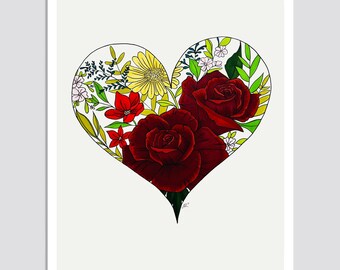 Floral Heart Art Print, Original Drawing, Giclée, Home Decor
