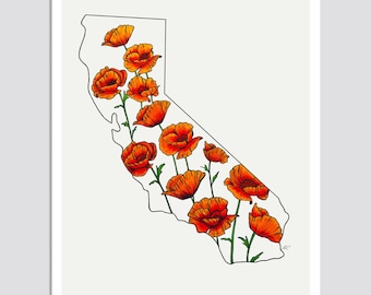 CALIFORNIA State Flower Print, State Art Print, Gift Idea, Map Art