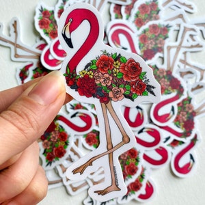 Graceful Floral Flamingo Die-Cut Sticker - Original Hand-Drawn Waterproof Decal