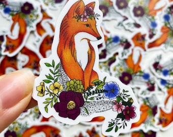 Charming Floral Fox Die-Cut Sticker - Original Hand-Drawn Waterproof Decal.