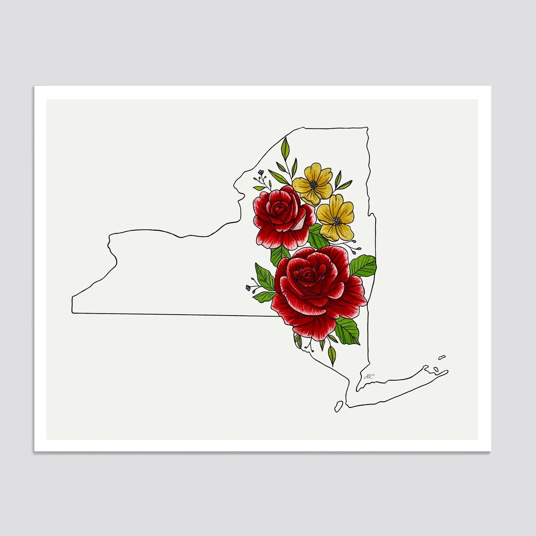 NEW YORK State Flower Print, State Art Print, Gift Idea, Map Art Etsy