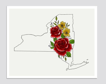 NEW YORK State Flower Print, State Art Print, Gift Idea, Map Art