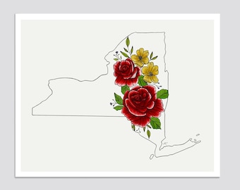 NEW YORK State Flower Print, State Art Print, Gift Idea, Map Art
