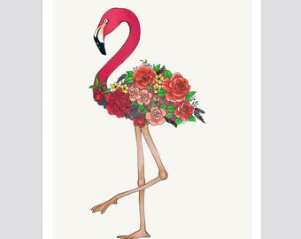Floral Flamingo Art Print, Original Drawing, Giclée, Home Decor