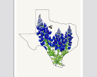 Texas State Flower Print - Unique State Art Print - Perfect Gift Idea with Map Art