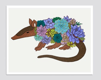 Floral Armadillo Art Print, Original Drawing, Giclée, Home Decor