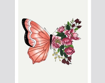 Floral Butterfly Art Print, Original Drawing, Giclée, Home Decor