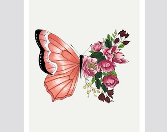 Floral Butterfly Art Print, Original Drawing, Giclée, Home Decor