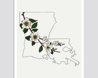LOUISIANA State Flower Print, State Art Print, Gift Idea, Map Art