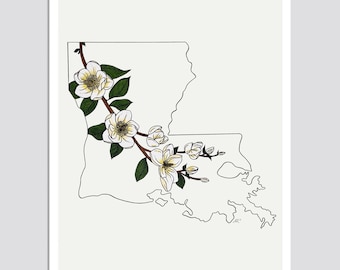 LOUISIANA State Flower Print, State Art Print, Gift Idea, Map Art