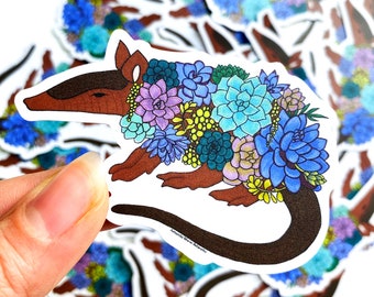 Charming Floral Armadillo Die-Cut Sticker - Original Hand-Drawn Waterproof Decal.