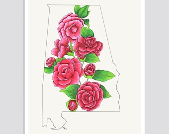 ALABAMA State Flower Print, State Art Print, Gift Idea, Map Art