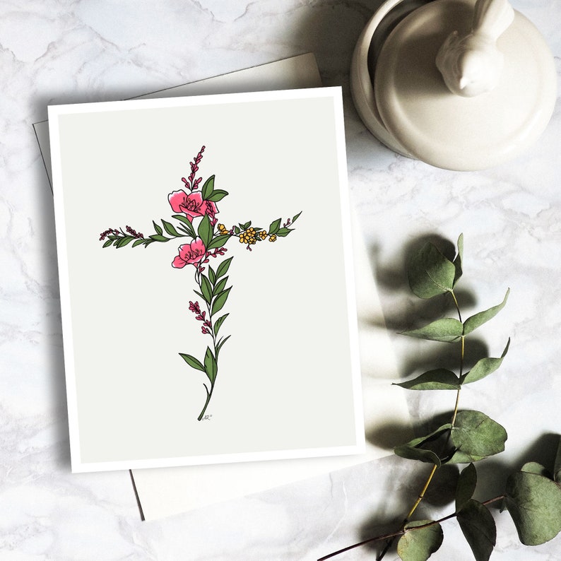 Floral Cross Art Print, Original Drawing, Giclée, Religious Decor - Etsy