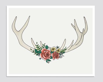 Floral Antlers No. 1 Art Print, Original Drawing, Giclée, Home Decor