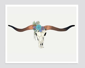 Floral Longhorn Art Print, Original Drawing, Giclée, Home Decor