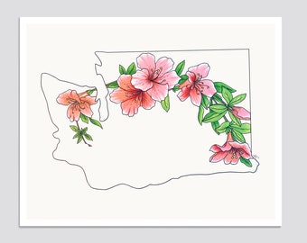 WASHINGTON State Flower Print, State Art Print, Gift Idea, Map Art
