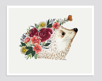Floral Hedgehog Art Print, Original Drawing, Giclée, Home Decor