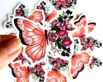 Floral Butterfly Die-Cut Sticker. Hand Drawn Flower Waterproof Decal.