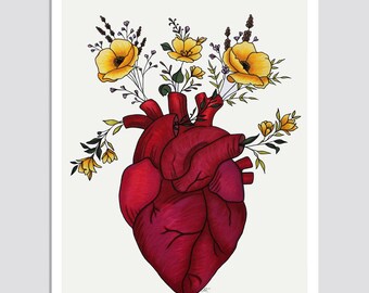 Heart Bouquet Art Print, Original Drawing, Giclée, Home Decor