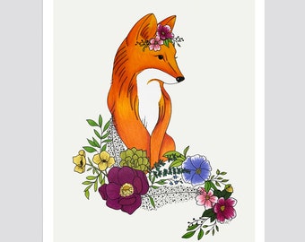 Floral Fox Art Print, Original Drawing, Giclée, Home Decor