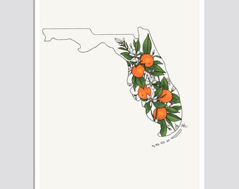 FLORIDA State Flower Print, State Art Print, Gift Idea, Map Art