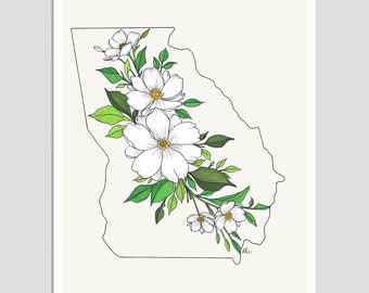 GEORGIA State Flower Print, State Art Print, Gift Idea, Map Art