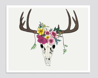 Floral Deer Skull Art Print, Original Drawing, Giclée, Home Decor