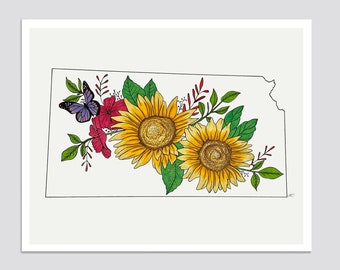 KANSAS State Flower Print, State Art Print, Gift Idea, Map Art