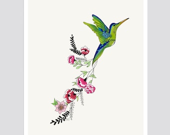 Floral Hummingbird Art Print, Original Drawing, Giclée, Home Decor