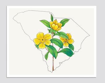 SOUTH CAROLINA State Flower Print, State Art Print, Gift Idea, Map Art