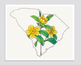 SOUTH CAROLINA State Flower Print, State Art Print, Gift Idea, Map Art