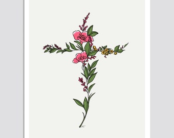 Floral Cross Art Print, Original Drawing, Giclée, Religious Decor