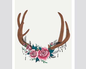 Floral Antlers No. 2 Art Print, Original Drawing, Giclée, Home Decor