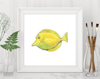 Yellow Tang, Reef Fish, Yellow Art, Printable Wall Art, Watercolor Art, Nautical Art, Digital Download