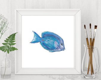 Blue Tang, Reef Fish, Blue Art, Caribbean Art, Printable Wall Art, Watercolor Art, Nautical Art, Digital Download