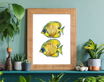 Butterflyfish Printable Art Print, Watercolor Fish Art, Yellow Reef Fish Print, Ocean Art