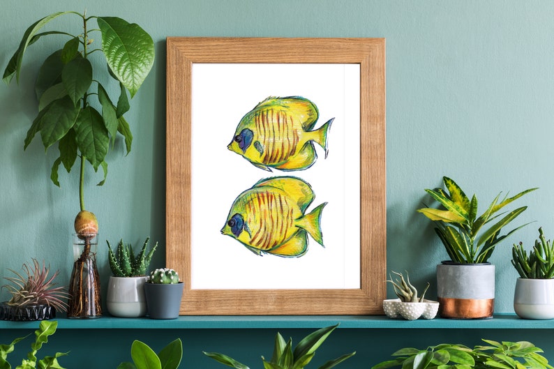 Butterflyfish Printable Art Print, Watercolor Fish Art, Yellow Reef Fish Print, Ocean Art image 1