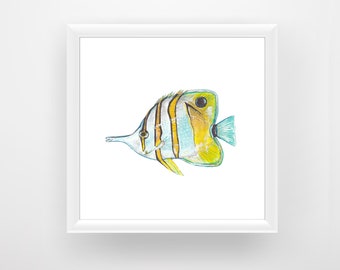 Copperband Butterflyfish, Yellow Art, Fish Art, Printable Wall Art, Watercolor Art, Nautical Art, Digital Download