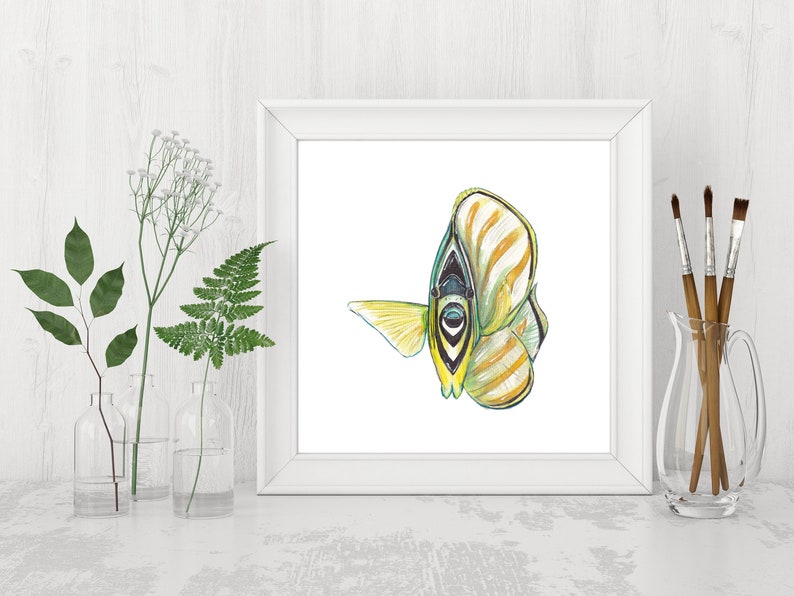Ornate Butterflyfish Digital Print, Reef Fish Print, Pacific Art, Printable Wall Art, Yellow Wall Art, Watercolor Art, Digital Download image 1