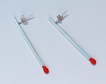 matchstick earrings, sterling silver or gold plated, red matchsticks, stud earrings