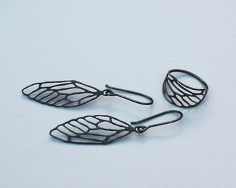 cicada wing SET, dragonfly wing, ring and earrings, oxidized silver