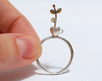 brass twig with leaves in a silver cup ring, handmade ring, one of a kind, stackable ring
